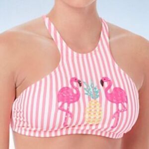 Coco Rave Tropi Glow Pink Striped Flamingo Halter Bikini Top XS / S   30/32 C